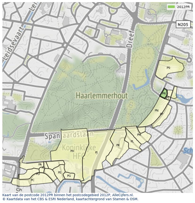 Afbeelding van het postcodegebied 2012 PR op de kaart.