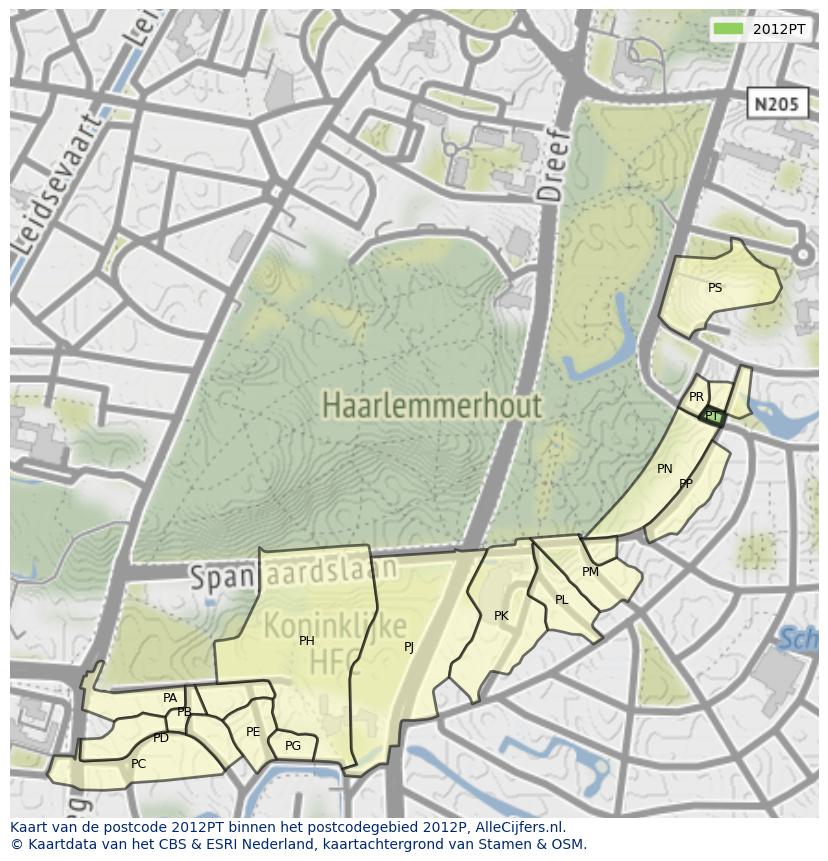 Afbeelding van het postcodegebied 2012 PT op de kaart.
