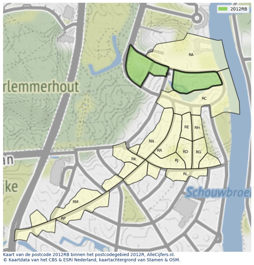 Afbeelding van het postcodegebied 2012 RB op de kaart.