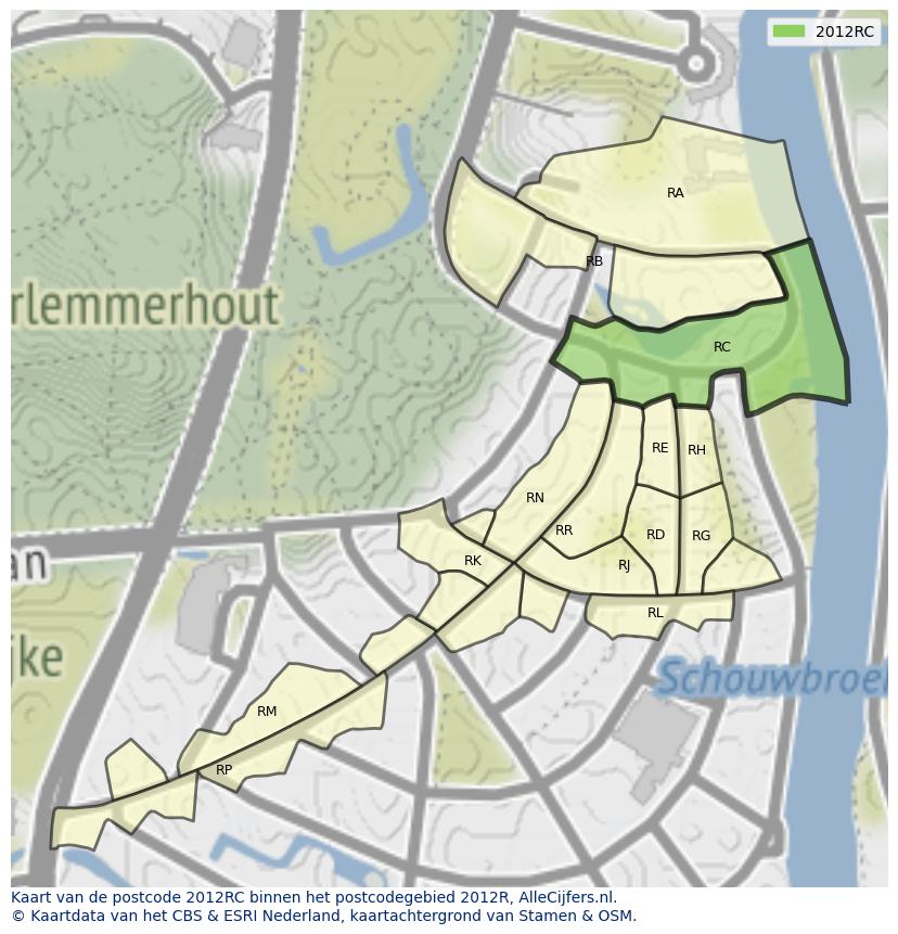 Afbeelding van het postcodegebied 2012 RC op de kaart.