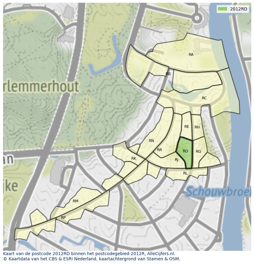 Afbeelding van het postcodegebied 2012 RD op de kaart.