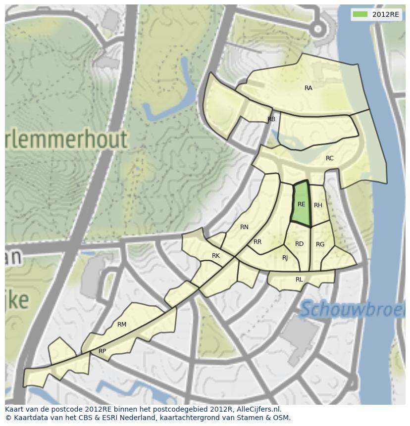 Afbeelding van het postcodegebied 2012 RE op de kaart.