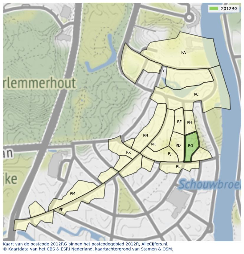 Afbeelding van het postcodegebied 2012 RG op de kaart.