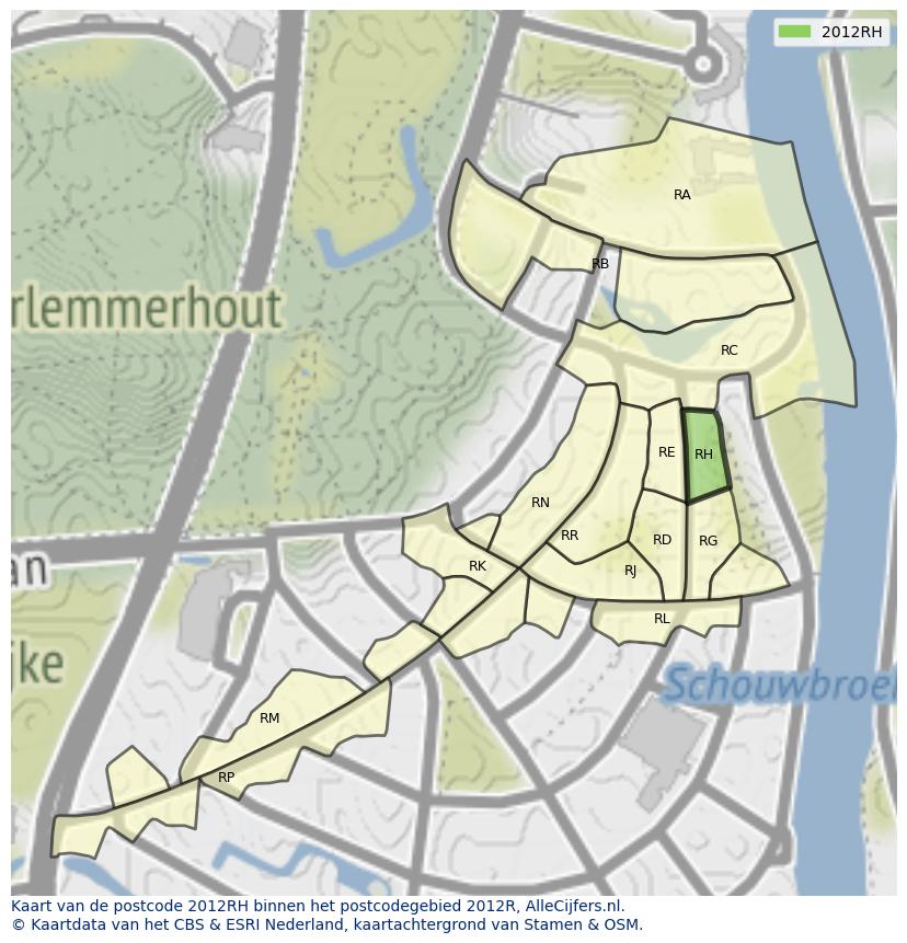 Afbeelding van het postcodegebied 2012 RH op de kaart.