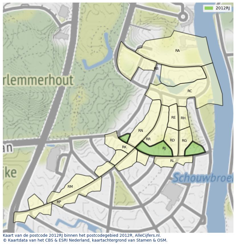 Afbeelding van het postcodegebied 2012 RJ op de kaart.