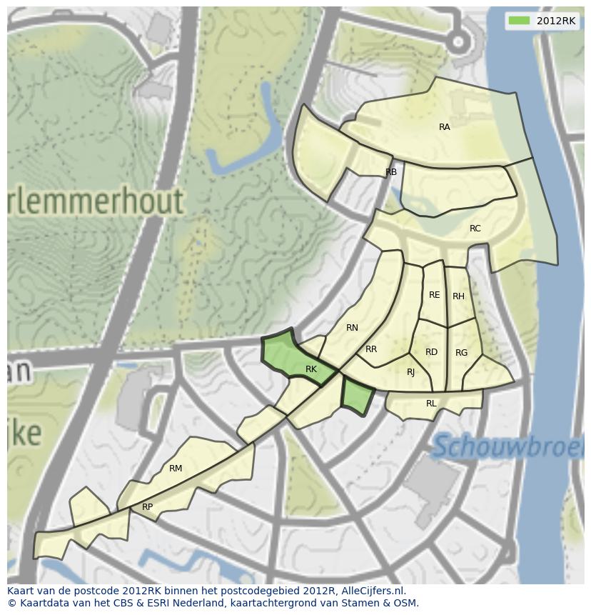 Afbeelding van het postcodegebied 2012 RK op de kaart.