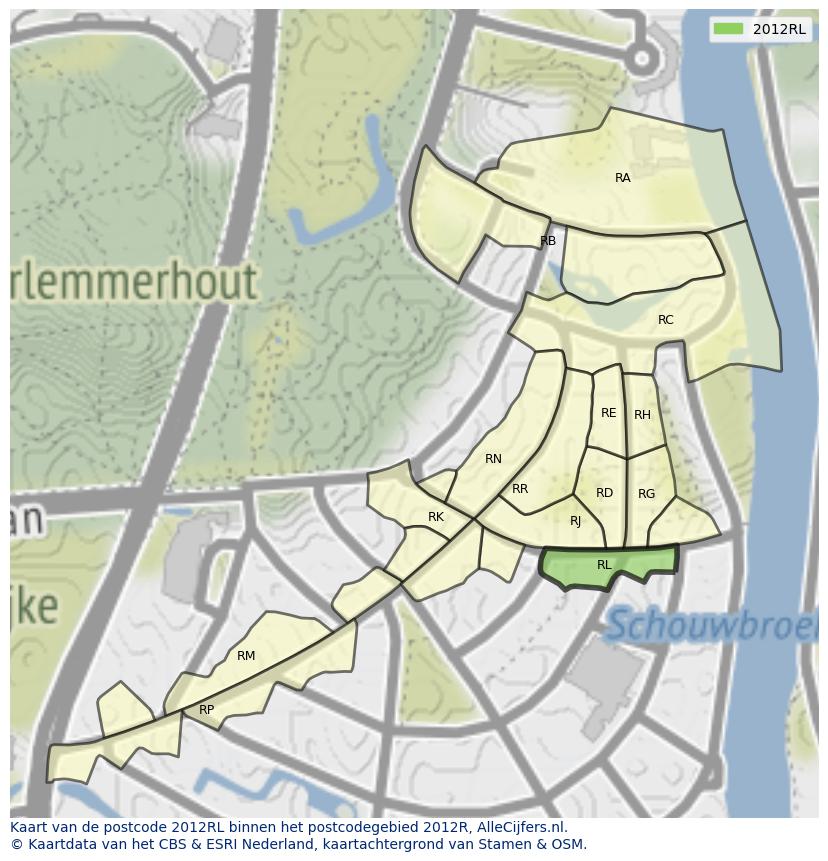 Afbeelding van het postcodegebied 2012 RL op de kaart.