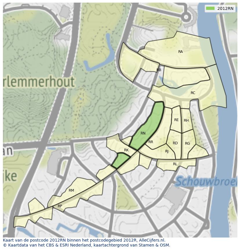 Afbeelding van het postcodegebied 2012 RN op de kaart.