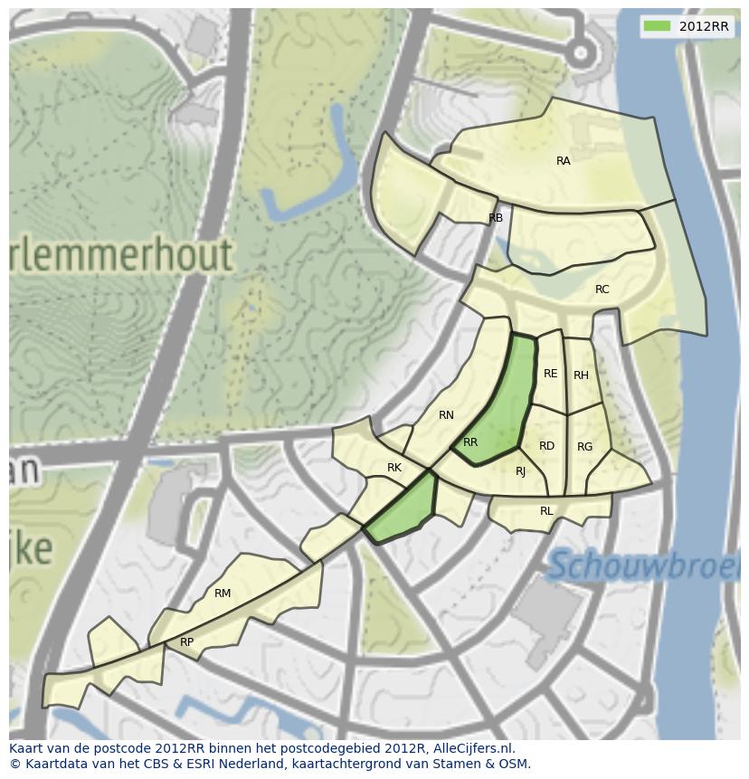 Afbeelding van het postcodegebied 2012 RR op de kaart.