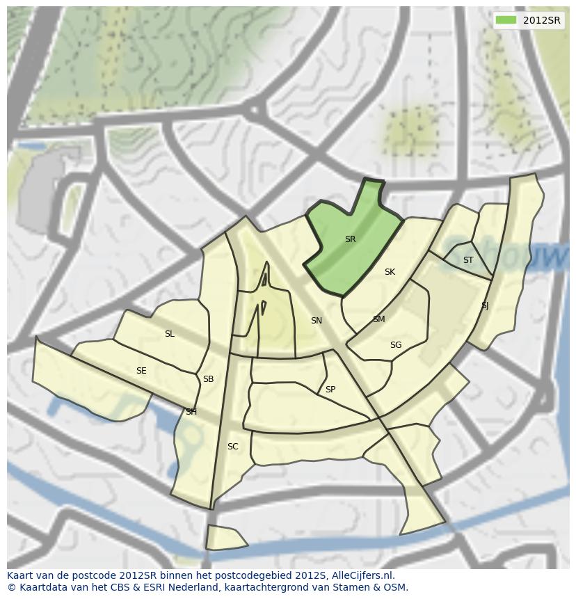 Afbeelding van het postcodegebied 2012 SR op de kaart.