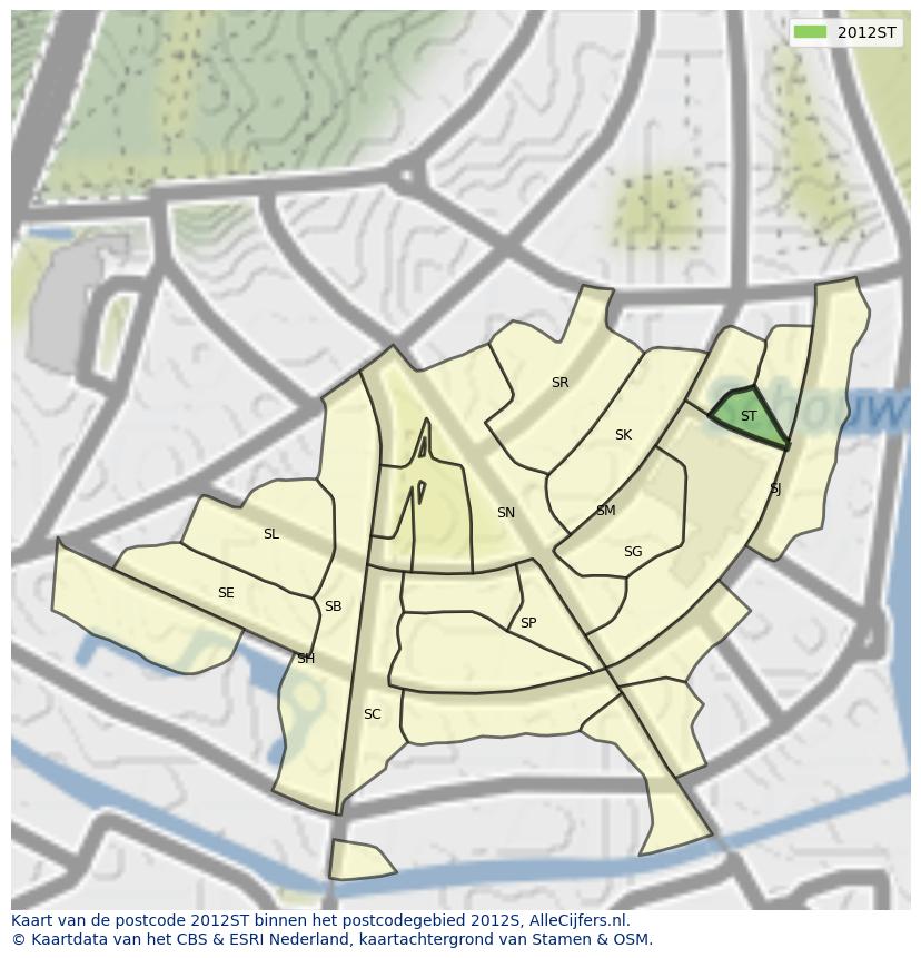 Afbeelding van het postcodegebied 2012 ST op de kaart.