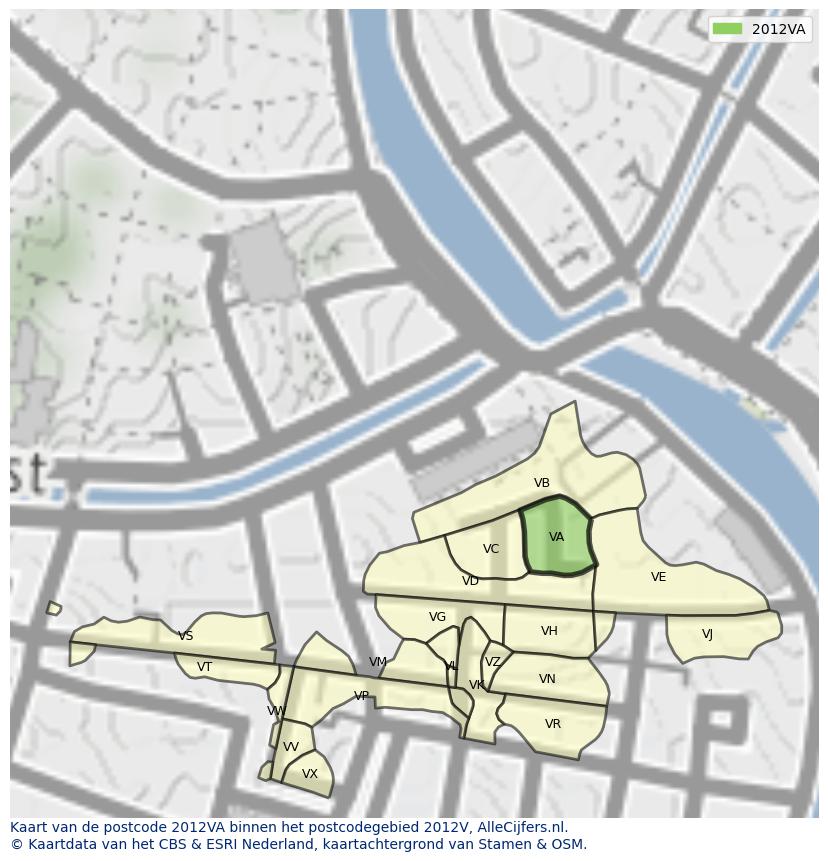 Afbeelding van het postcodegebied 2012 VA op de kaart.