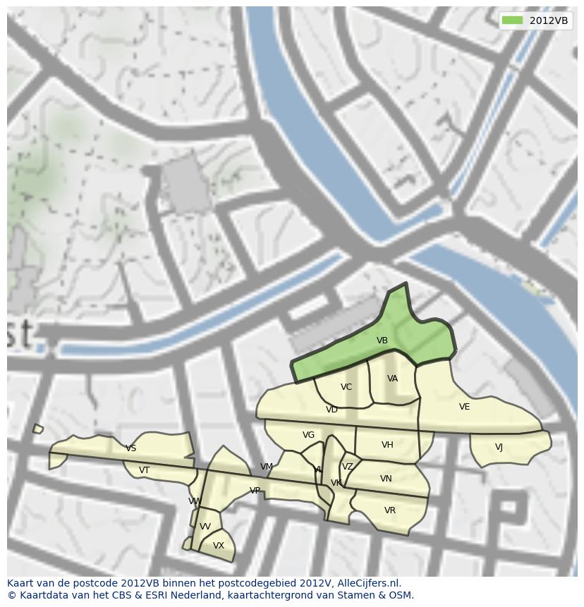 Afbeelding van het postcodegebied 2012 VB op de kaart.