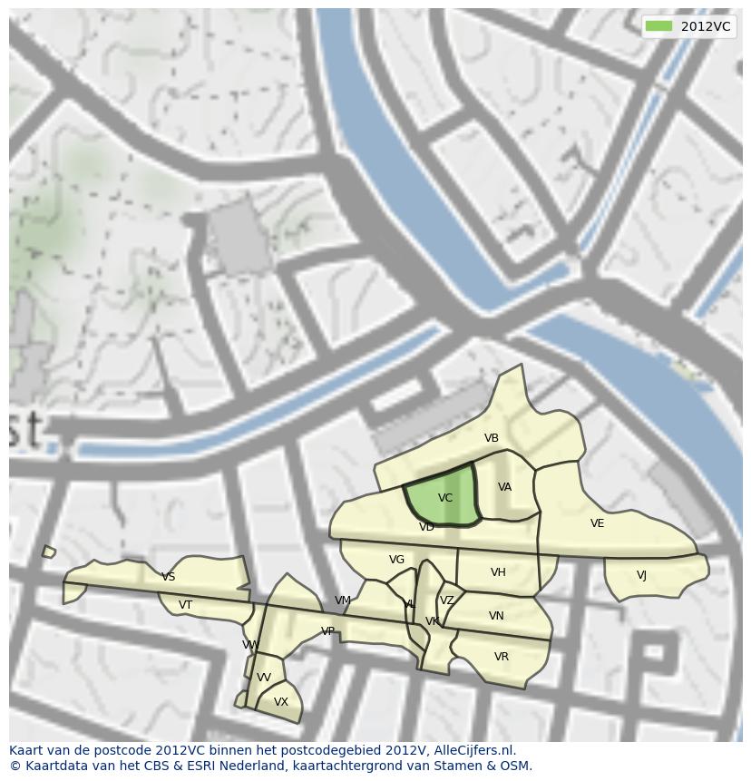 Afbeelding van het postcodegebied 2012 VC op de kaart.