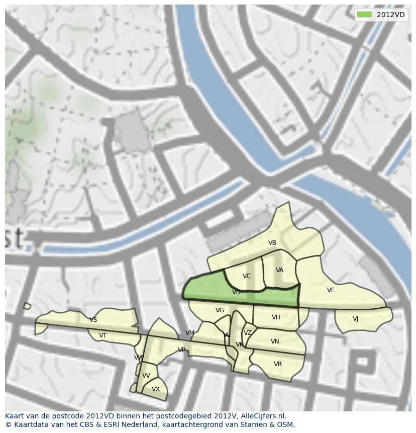 Afbeelding van het postcodegebied 2012 VD op de kaart.