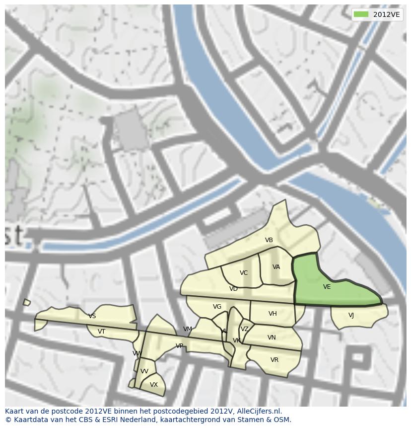Afbeelding van het postcodegebied 2012 VE op de kaart.