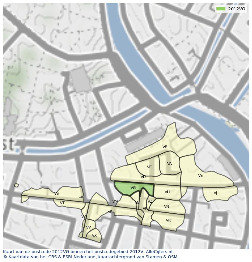 Afbeelding van het postcodegebied 2012 VG op de kaart.