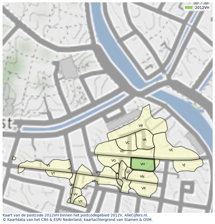 Afbeelding van het postcodegebied 2012 VH op de kaart.