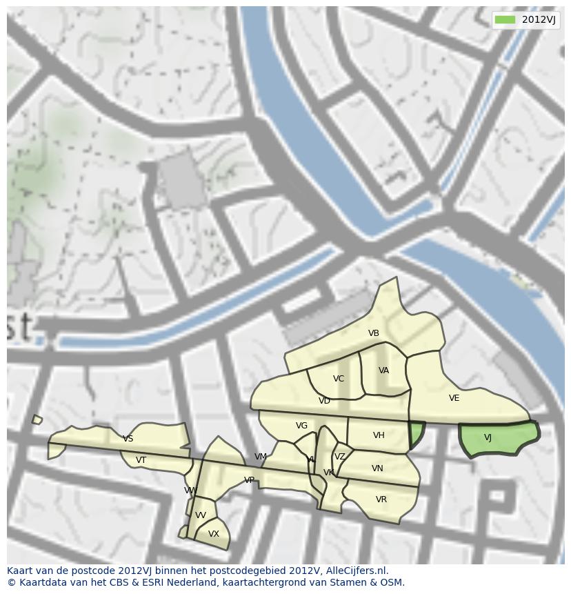 Afbeelding van het postcodegebied 2012 VJ op de kaart.