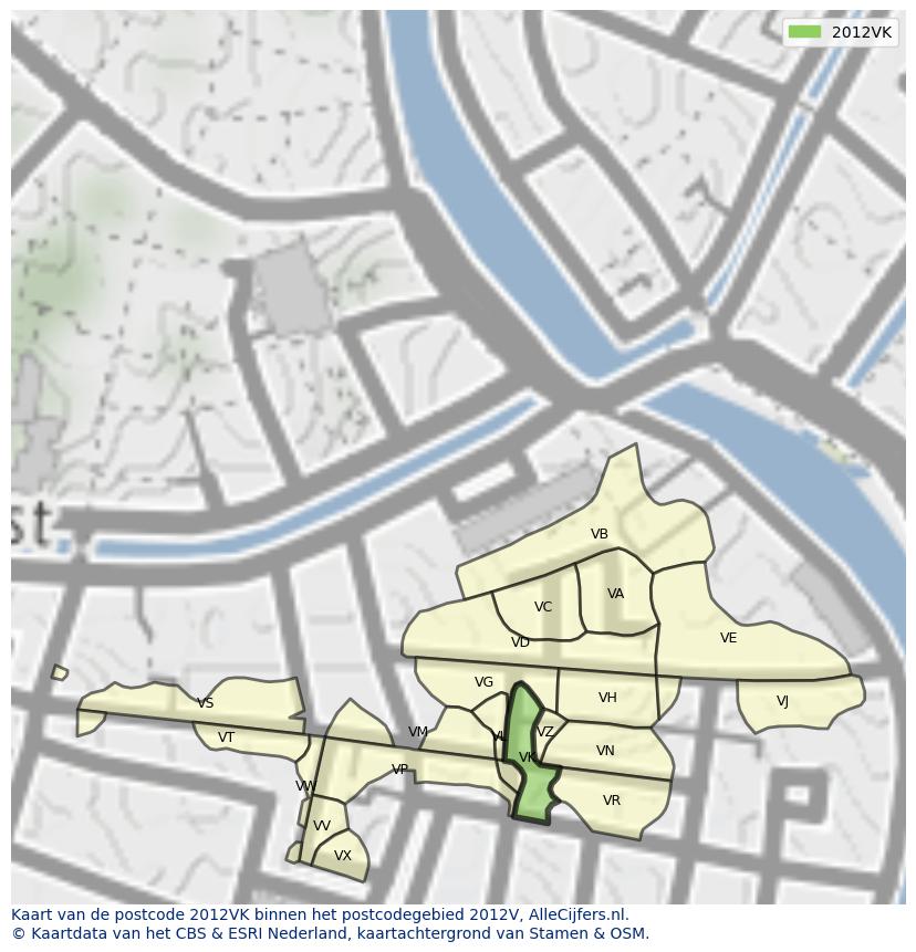 Afbeelding van het postcodegebied 2012 VK op de kaart.