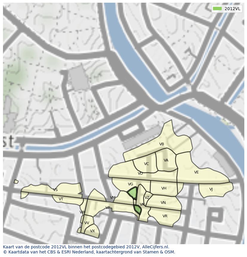 Afbeelding van het postcodegebied 2012 VL op de kaart.
