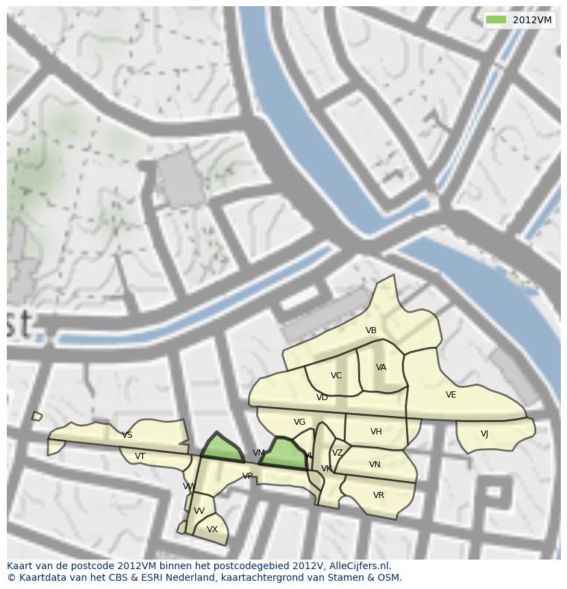 Afbeelding van het postcodegebied 2012 VM op de kaart.