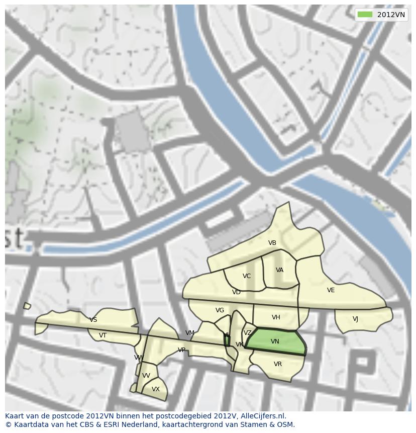 Afbeelding van het postcodegebied 2012 VN op de kaart.
