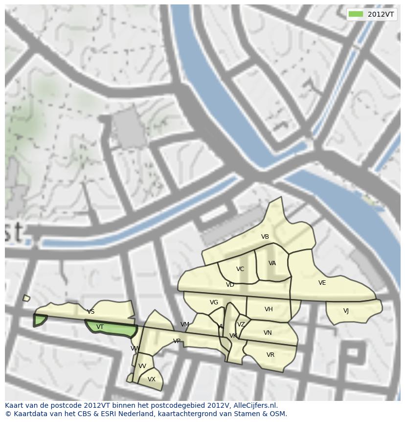 Afbeelding van het postcodegebied 2012 VT op de kaart.