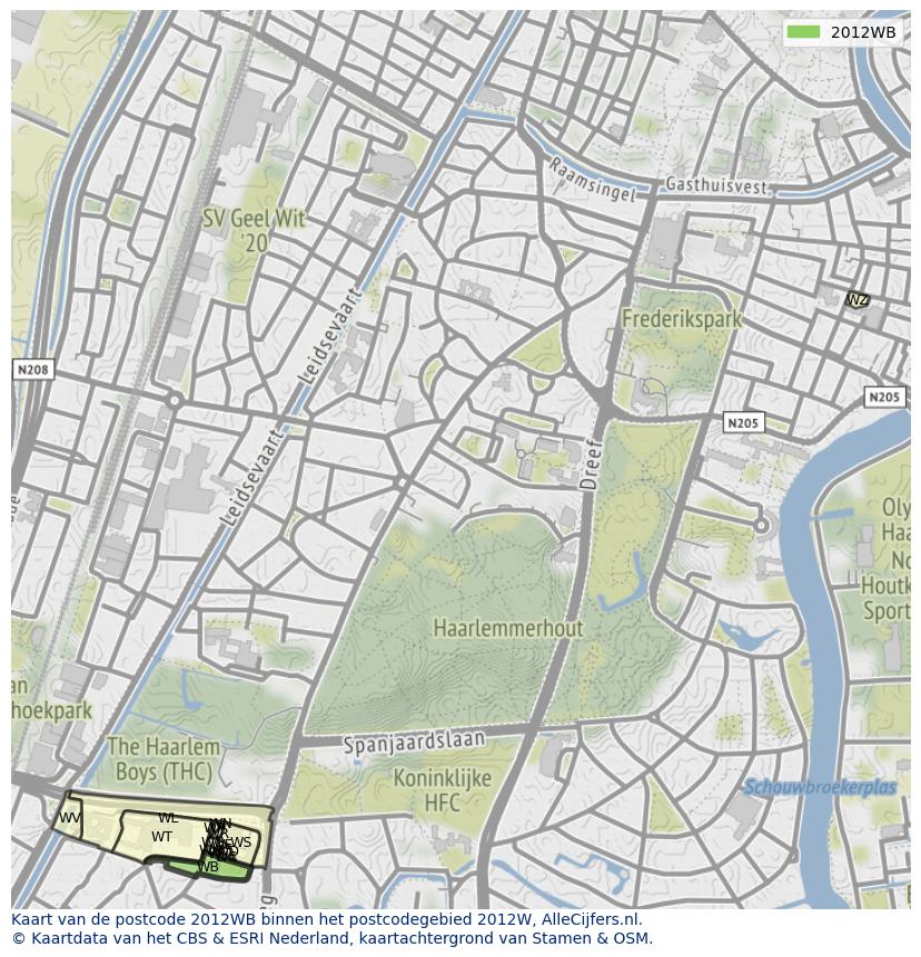 Afbeelding van het postcodegebied 2012 WB op de kaart.