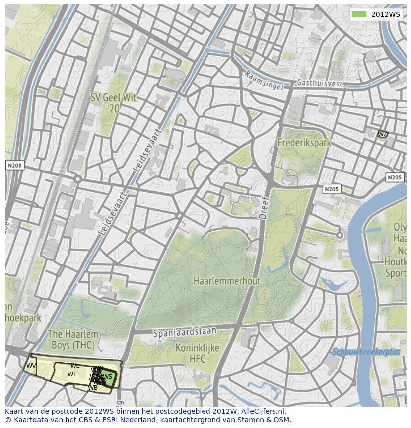 Afbeelding van het postcodegebied 2012 WS op de kaart.