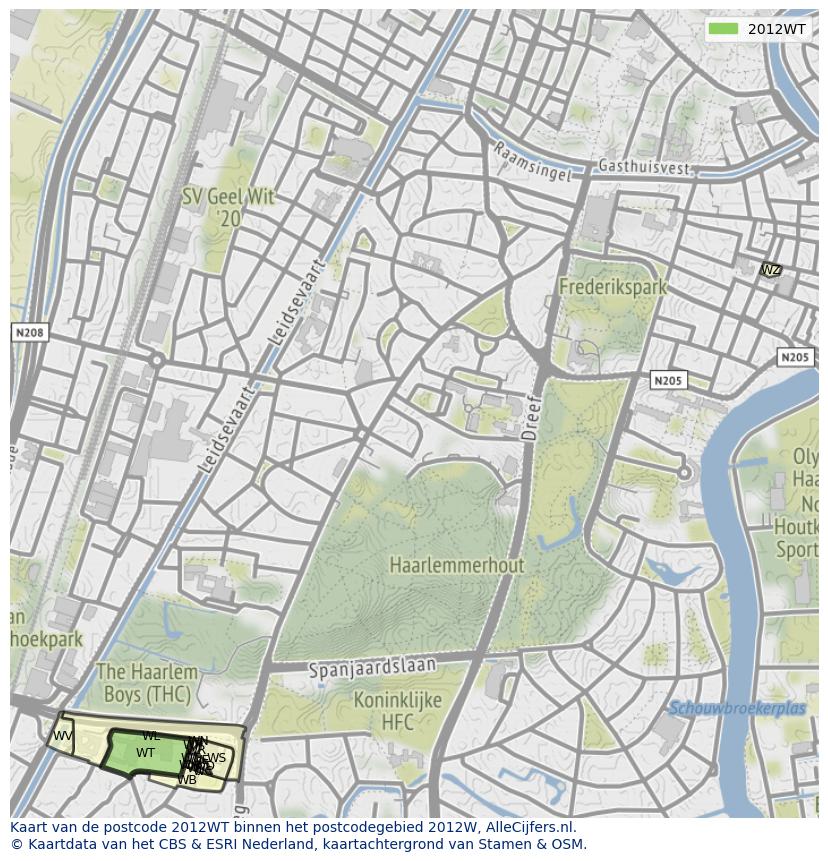 Afbeelding van het postcodegebied 2012 WT op de kaart.