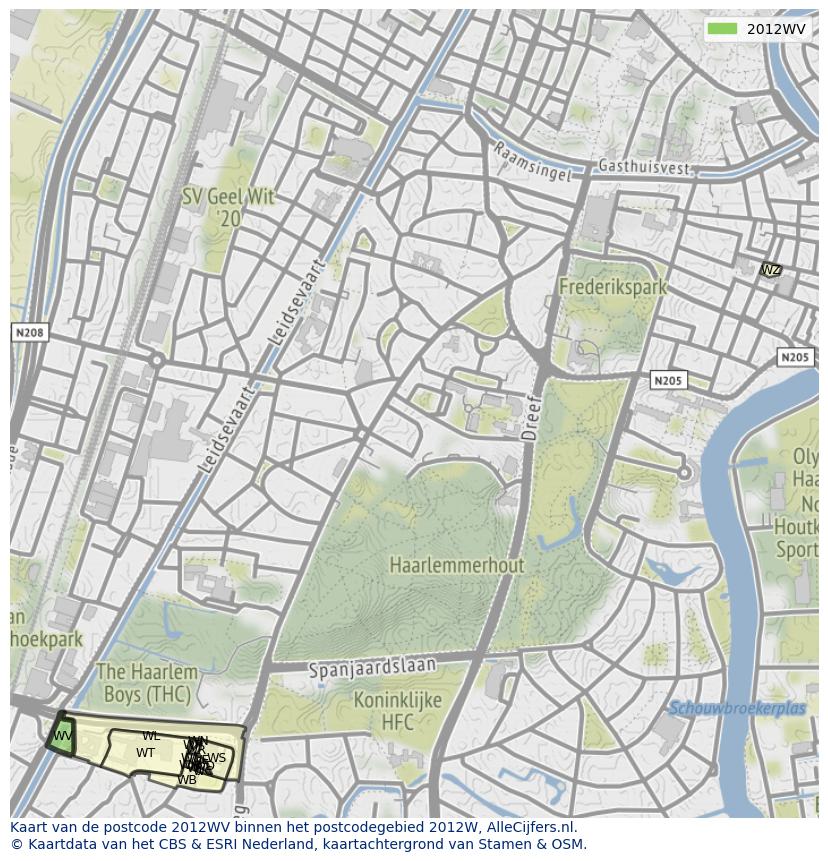 Afbeelding van het postcodegebied 2012 WV op de kaart.