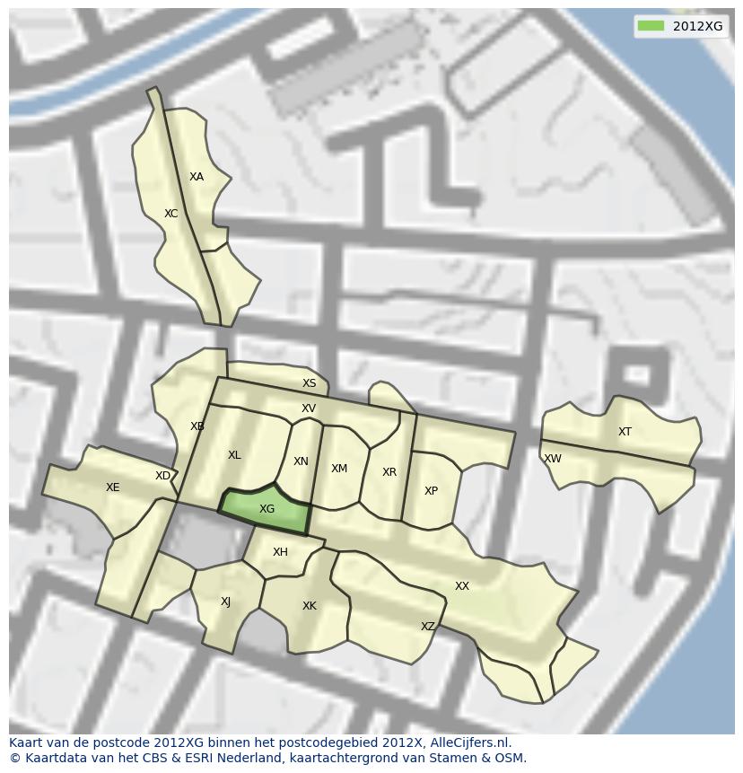 Afbeelding van het postcodegebied 2012 XG op de kaart.