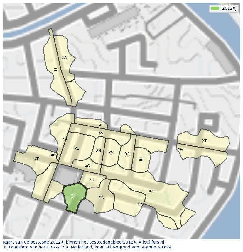 Afbeelding van het postcodegebied 2012 XJ op de kaart.
