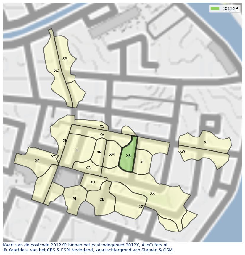 Afbeelding van het postcodegebied 2012 XR op de kaart.