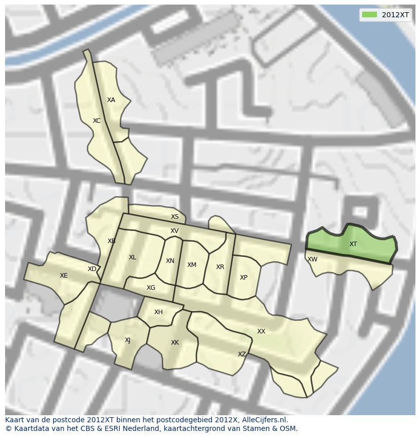 Afbeelding van het postcodegebied 2012 XT op de kaart.