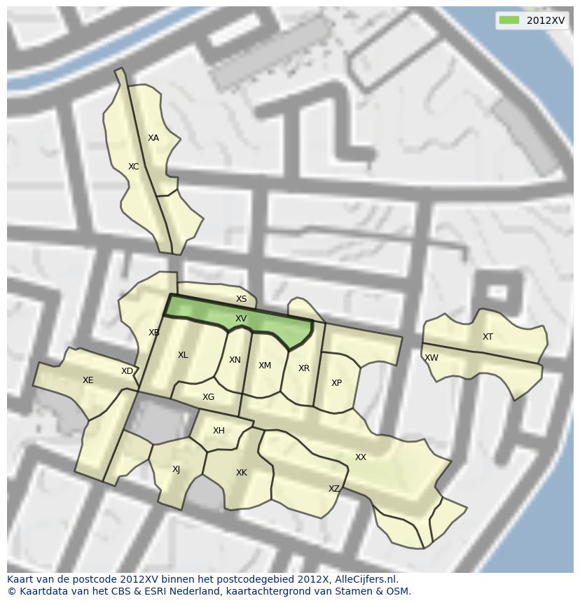 Afbeelding van het postcodegebied 2012 XV op de kaart.