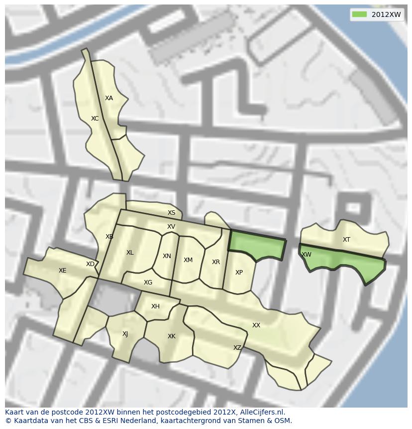 Afbeelding van het postcodegebied 2012 XW op de kaart.