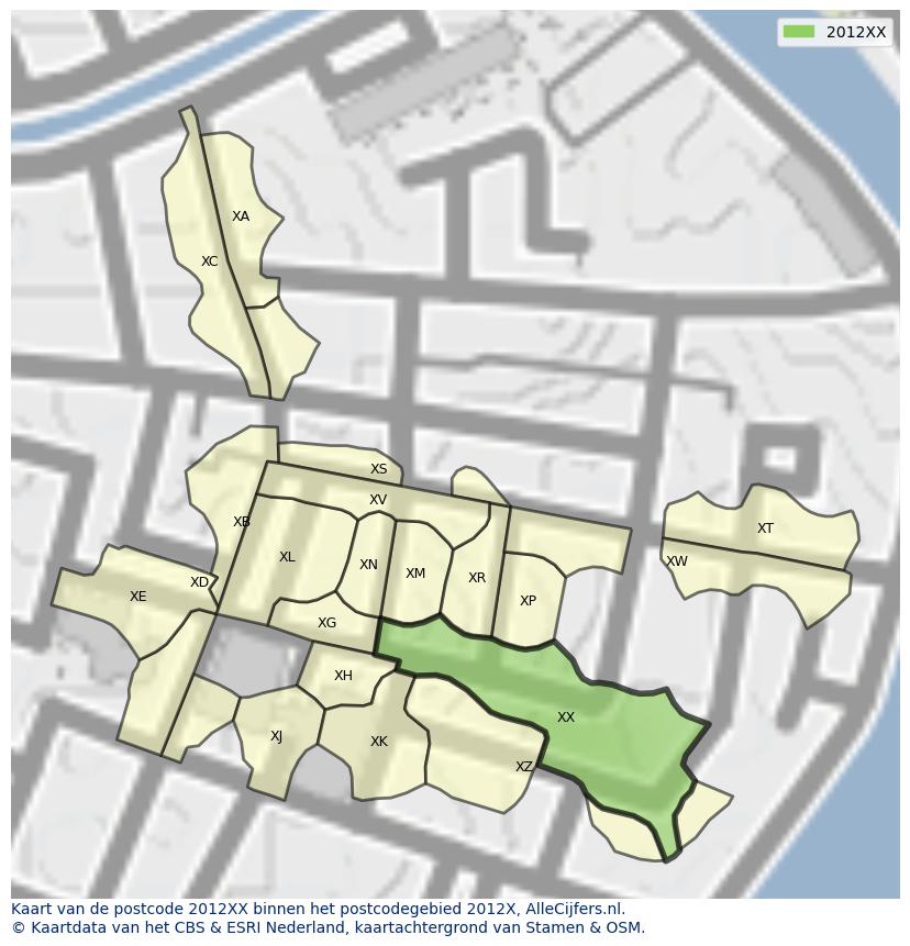 Afbeelding van het postcodegebied 2012 XX op de kaart.