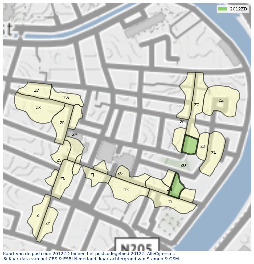 Afbeelding van het postcodegebied 2012 ZD op de kaart.