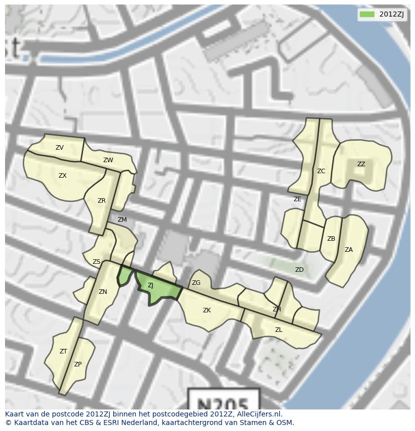 Afbeelding van het postcodegebied 2012 ZJ op de kaart.