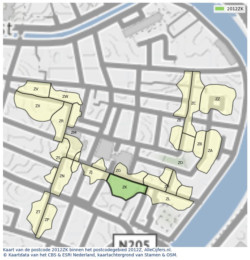 Afbeelding van het postcodegebied 2012 ZK op de kaart.
