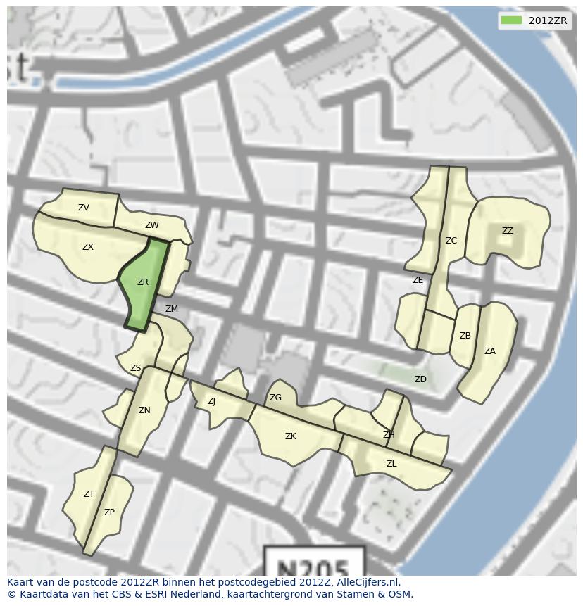 Afbeelding van het postcodegebied 2012 ZR op de kaart.