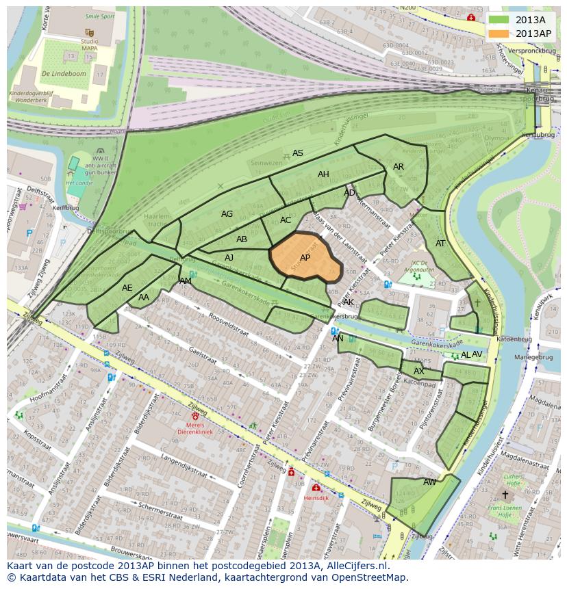 Afbeelding van het postcodegebied 2013 AP op de kaart.
