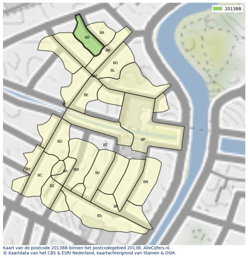 Afbeelding van het postcodegebied 2013 BB op de kaart.