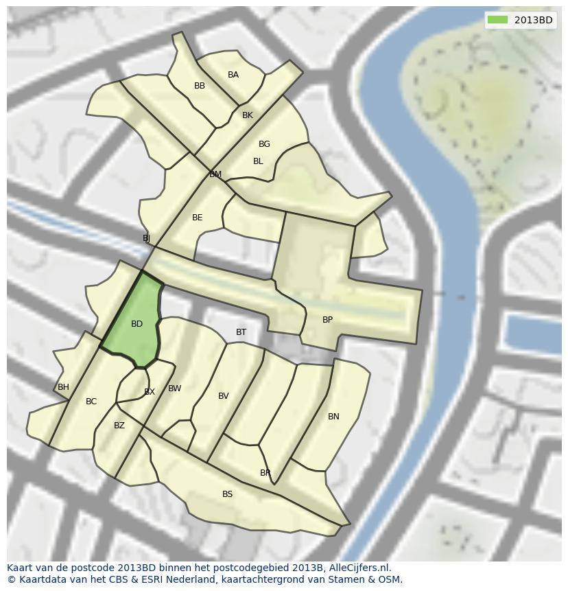 Afbeelding van het postcodegebied 2013 BD op de kaart.