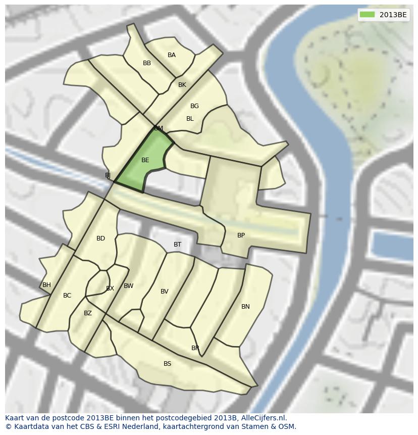 Afbeelding van het postcodegebied 2013 BE op de kaart.