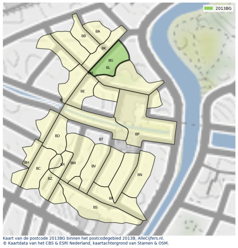 Afbeelding van het postcodegebied 2013 BG op de kaart.
