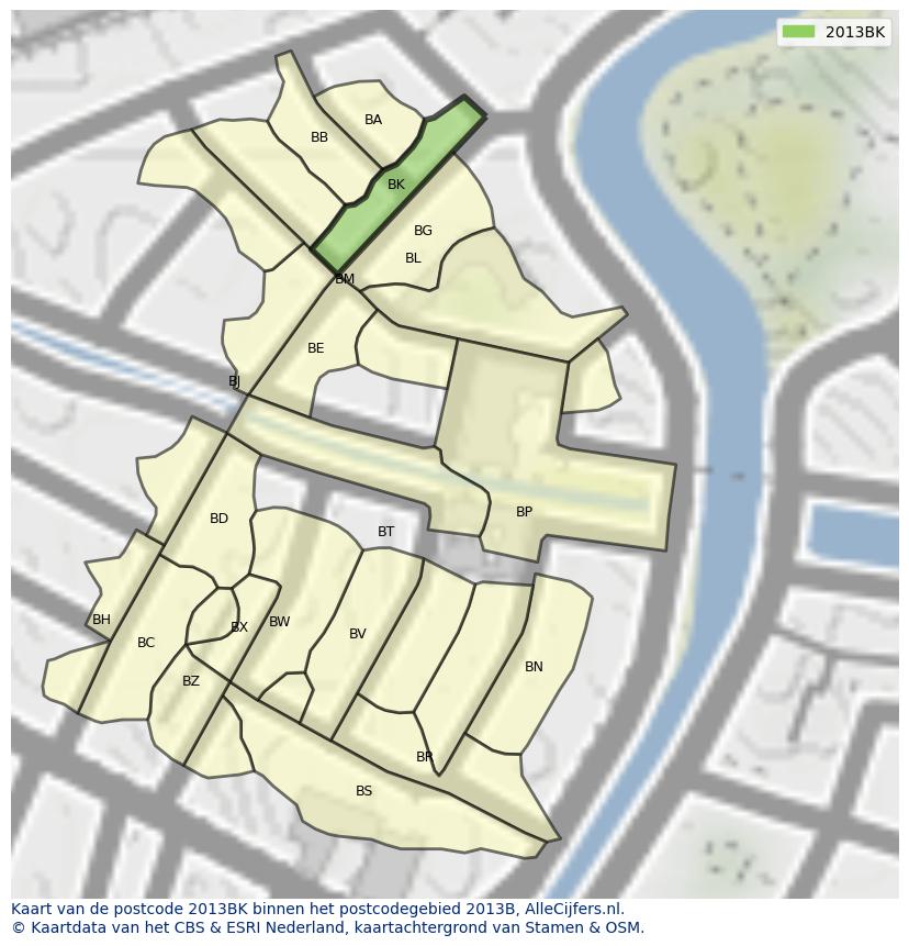 Afbeelding van het postcodegebied 2013 BK op de kaart.