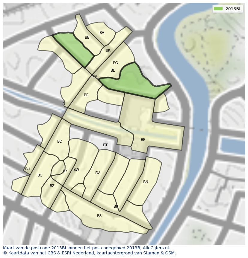 Afbeelding van het postcodegebied 2013 BL op de kaart.